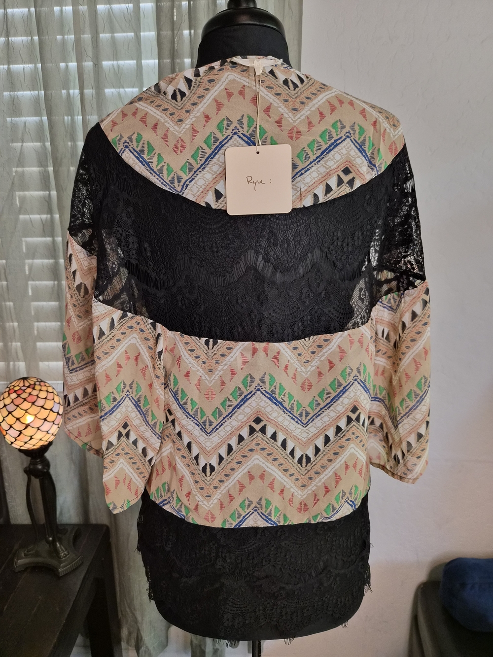 Ryu Black Lace & Multicolor Aztec Print Kimono #0258 - Picture 4 of 7